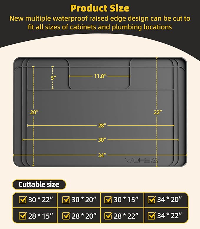 Under Sink Mats for Kitchen Waterproof, 34" X 22" Or Smaller Cut to Fit Under Sink Drip Tray for Kitchen Bathroom Cabinets, Silicone Liner Hold Up to 3.3 Gallons Liquid - Grey