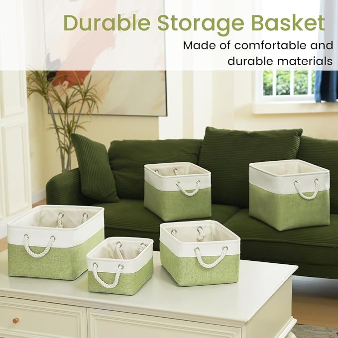 Storage Baskets for Shelves 11.8x7.9x5.2 Inch, Foldable Fabric Storage Bins with Handles, Small Storage Baskets for Organizing Closet, Office, Home Organization (3-Pack, White&Green)
