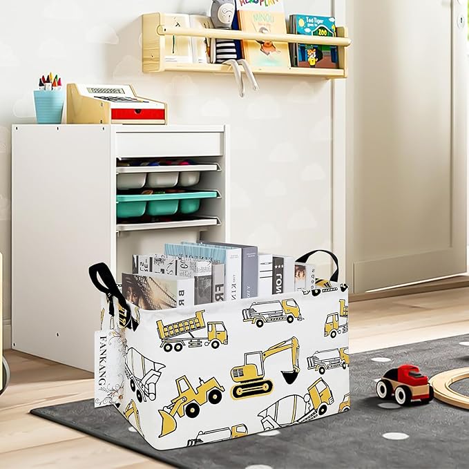 FANKANG Storage Bins, Nursery Hamper Canvas Laundry Basket Foldable with Waterproof PE Coating Large Storage Baskets for Kids Boys and Girls, Office, Bedroom, Clothes,Toys(Rec-excavator）