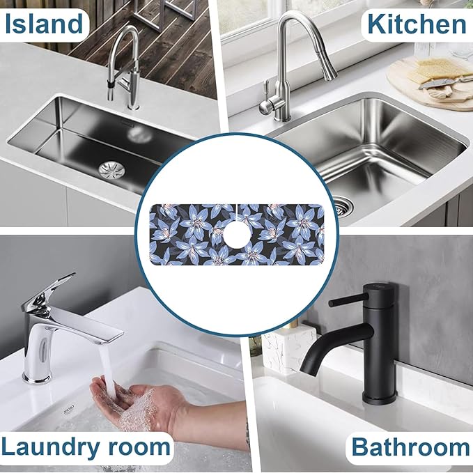 Blooming Lily Sink Faucet Absorbing Mat Blue Lily Flowers Super Absorbent Fast Drying Mat Sink Gadgets Behind Faucet Sinkmat for Kitchen Bathroom, 15.5"x5.5"