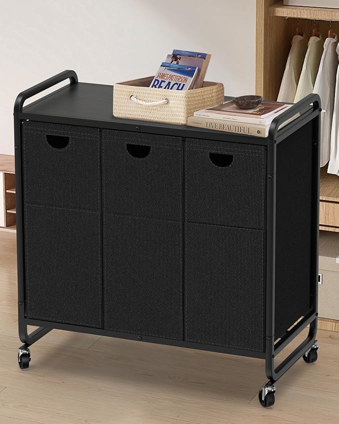 Laundry Sorter 3 Section,Laundry Basket with Wheels,3×15.8 Gal (60L) Laundry Hamper Organizer with Large Wooden Desktop Sorter,Pull-Out and Removable Laundry Bags (Black, 3 Bags - 180L)