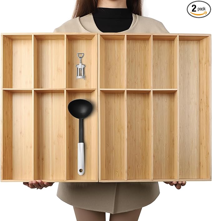13 Slot V-Shaped Bamboo Drawer Organizer Set of 2, Extra Large Cutlery Tray - Easy Reach Flatware Silverware Utensil Storage for Kitchen (19.6"x14.6" & 19.6"x12.4")