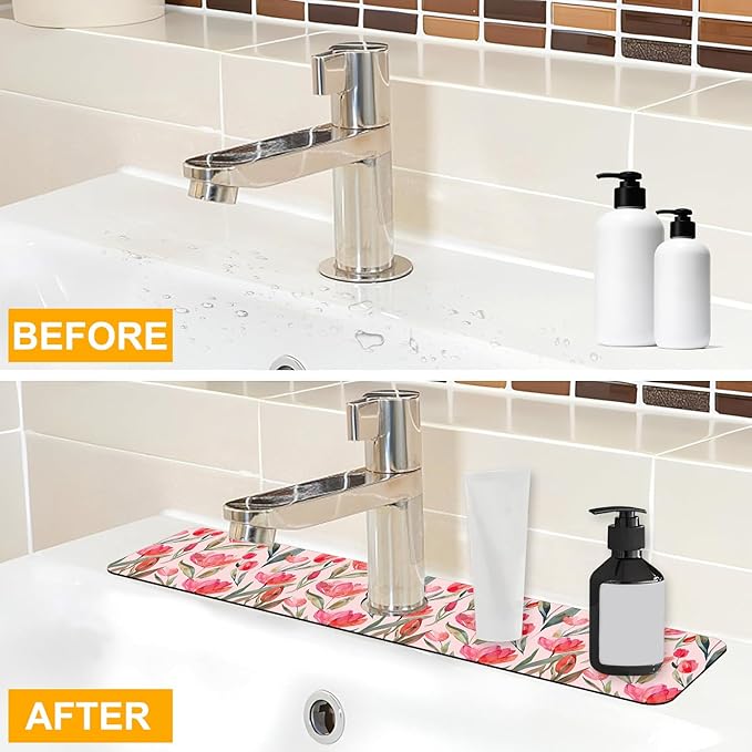 2 Pack Watercolor Tulips Sink Faucet Absorbing Mat Pink Tulips Super Absorbent Fast Drying Mat Sink Gadgets Behind Faucet Sinkmat for Kitchen Bathroom, 23.5"x5.5"