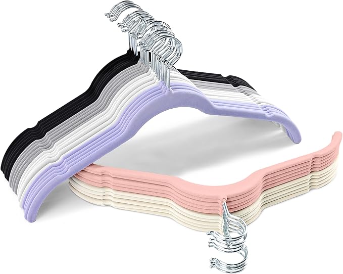 Sishynio 30 Pack Multicolor Velvet Shirt Hangers – Non-Slip Slim Flocked Hangers with Notches, Space-Saving Felt Closet Organiser for Shirts, Dresses, Suits
