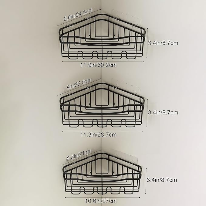 Black corner shower caddy with depth caddy and Built in 12 hooks rustproof wall mounted No drilling No marring adhesive bathtub corner storage for bathroom kitchen and laudry room
