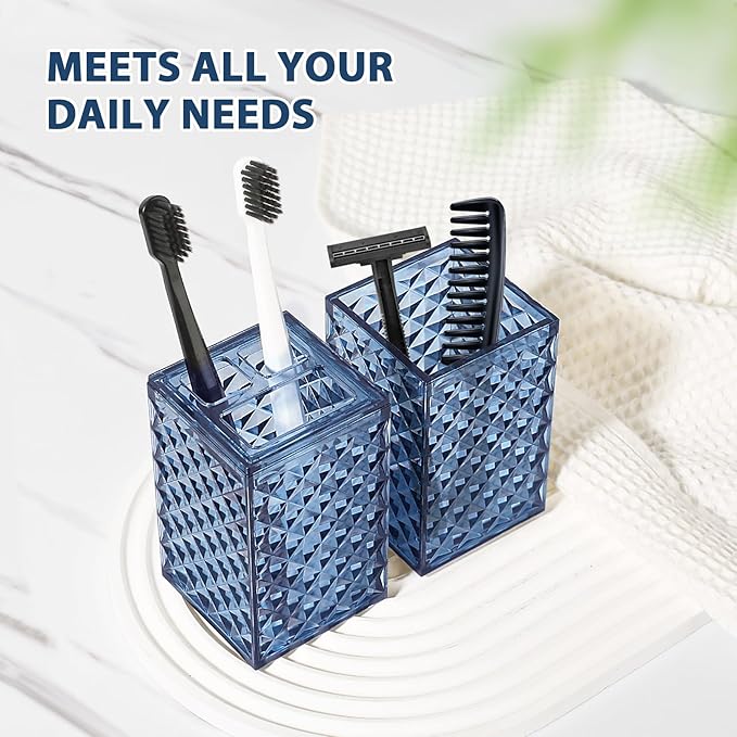 Bathroom Accessories Set, 4 Pack Blue Acrylic Bath Accessory Sets Complete, Diamond Soap Dispenser and Toothbrush Holder Bathroom Counter Sink Set, Boho Modern Bathroom Decor