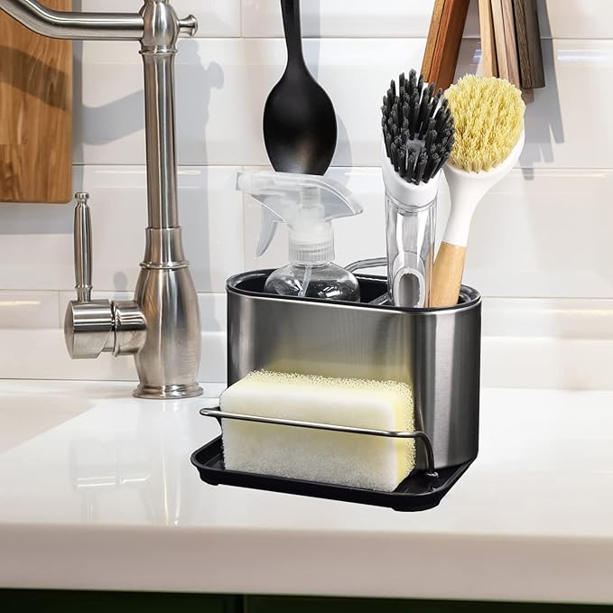 Stainless Steel Sink Caddy Sponge Holder Organizer Tidy Drains Water Dish Brush Holder for Kitchen Counter