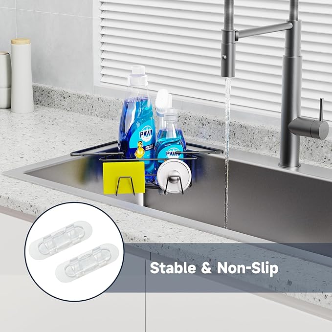 NiHome Extendable Arm Stainless Steel Kitchen Sink Corner Caddy, Easy Install Space-Saving Adjustable Sponge Holder, Non-Slip Rust-Resistant for Brushes, Soap, Sponges (Black)