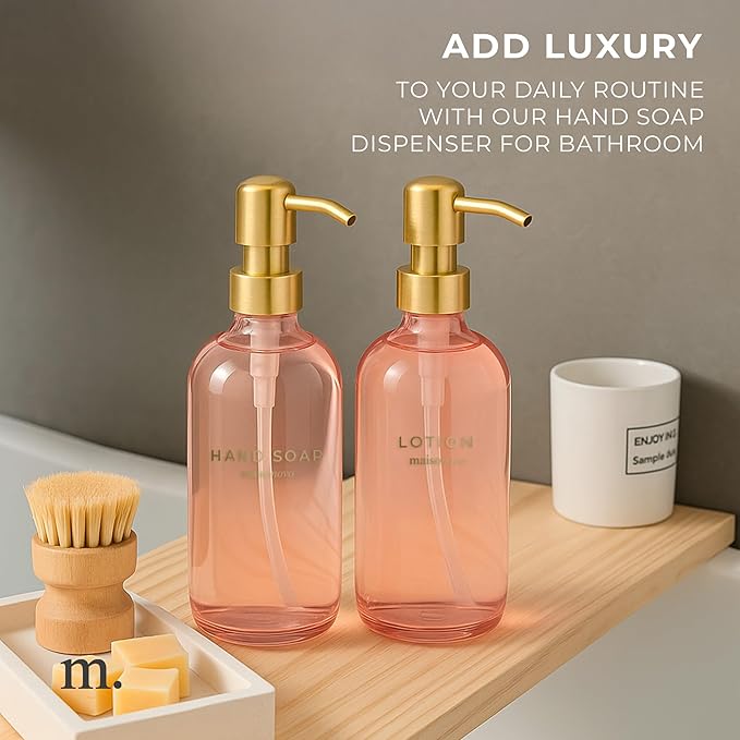 MaisoNovo Soap Dispenser 2-Piece Set | 16.9oz Pink Bottles with Gold Stainless Steel Pump Core