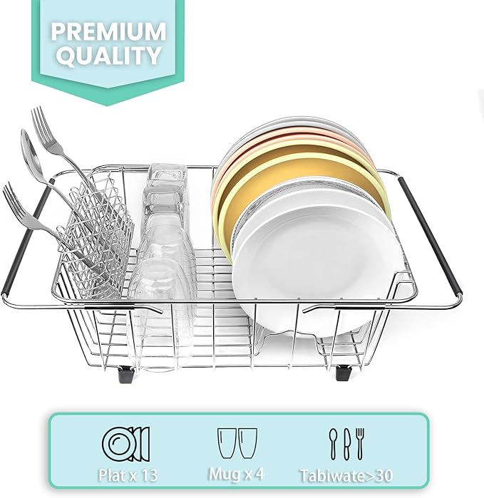 Sink Dish Drainer Rack, Expandable 304 Stainless Steel Dish Drying Rack Organizer with Stainless Steel Utensil Rack, Adjustable 15.35" to 20.47" Inside The Sink (up to 13 Upright Utensils).