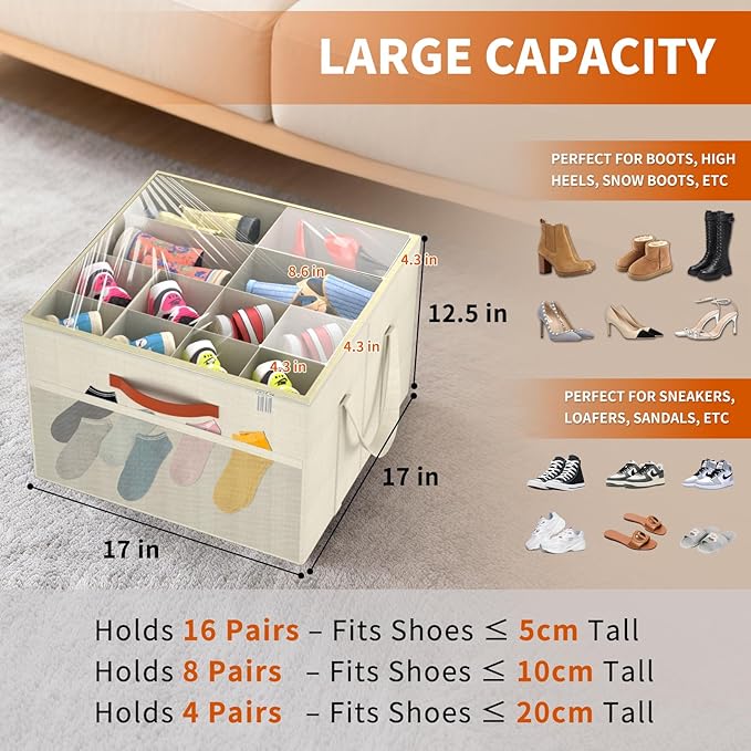 Aokeyee 2 Pack Shoe Organizer for Closet, Foldable Shoe Storage Organizer Box w/Clear Cover and Reinforced Handles, Space Saving Shoes Bin Fits up to 32 Pairs, Beige