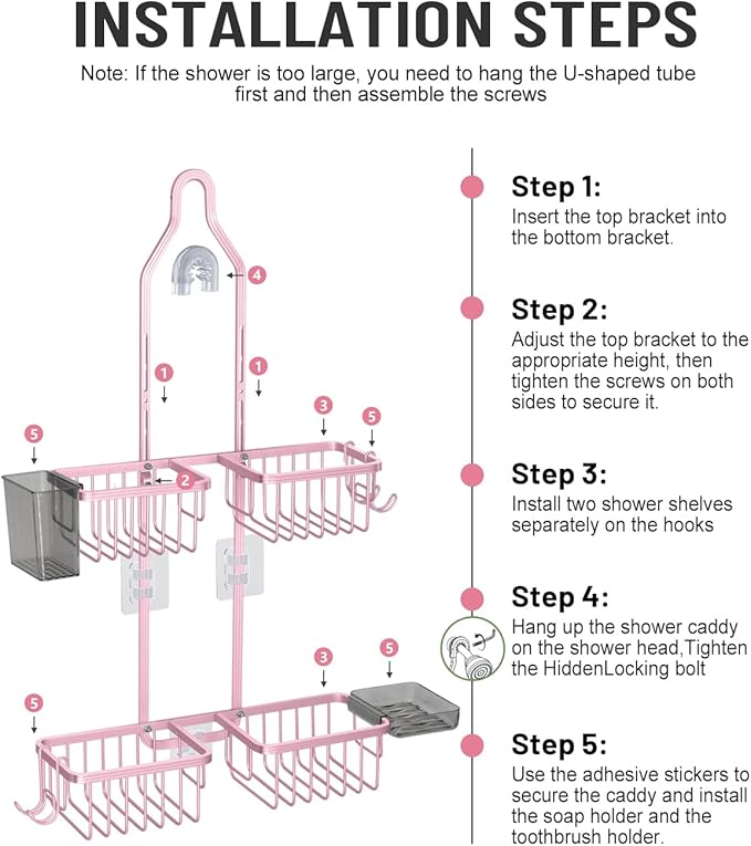 Adjustable Shower Caddy Hanging for Handheld Showerheads - Never Rust Shower Hanging Organizer, Upgraded Bathroom Shower Rack with Soap Basket, Hooks and Toothbrush Holder (Pink)
