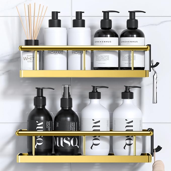 YASONIC 2 Pack Adhesive Strip for Rectangular Shower Caddies, Waterproof Shower Adhesive Strips, No Drilling Sticky Pads for Storage Corner Shelves and Kitchen Racks
