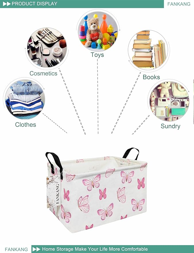 FANKANG Storage Bins, Nursery Hamper Canvas Laundry Basket Foldable with Waterproof PE Coating Large Storage Baskets for Kids Boys and Girls, Office, Bedroom, Clothes,Toys(Rec-pink butterfly ）