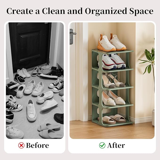 HAIXIN Vertical Shoe Rack Organizer for Entryway, 5 Tier Narrow Small Shoe Rack for Closet, Plastic Compact Shoe Storage for Door - Green