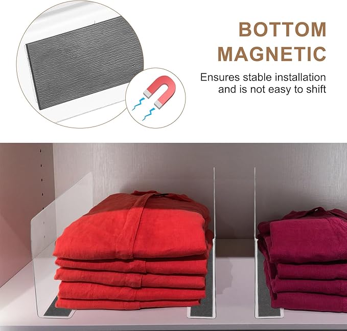 MECCANIXITY Shelf Dividers Plastic Closet Shelf Organizer Divider with Magnetic, 7.9"x2.4" Separator Clapboard for Supermarket Storage Kitchen Office (Clear, 6 Pcs)