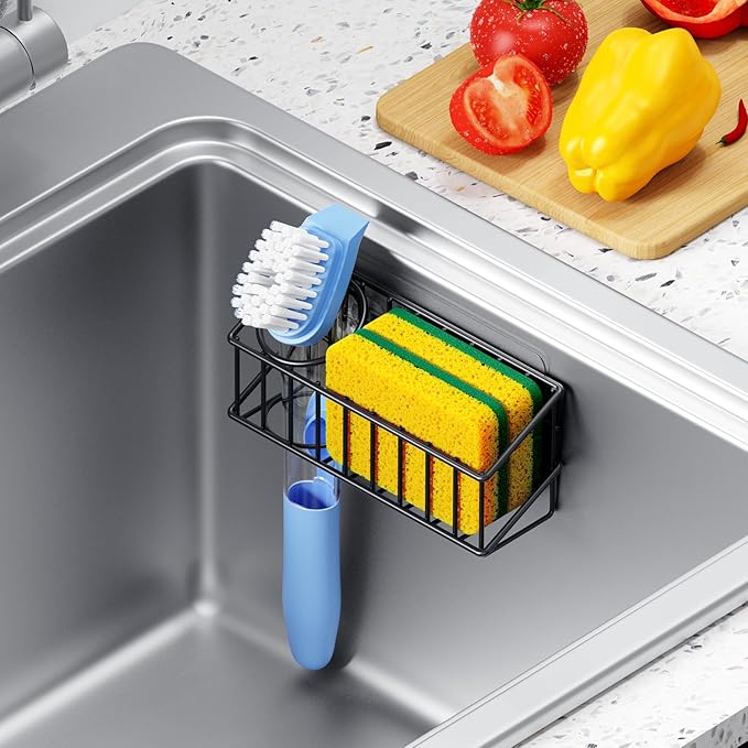 Kitchen Sink Organizer, Strong Adhesive Mount Detachable Sponge Holder for Kitchen & Bathroom Sink with Extra Suction Cups, Holds Sponges, Dish Brushes, Scrubbing Pads
