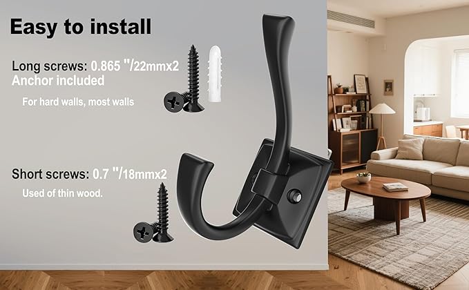 8 Pack Antique Black Coat Hooks for Wall Hanging Hat, Key, Bag, Robe, Towel, Mudroom Entrance Bathroom Door Decorative Heavy Duty Hats Hook