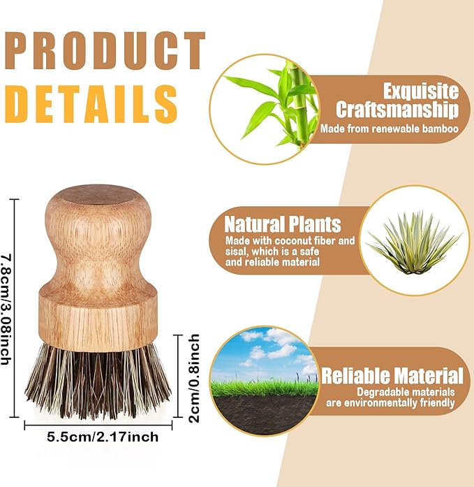 Nuenen 6 Packs Bamboo Dish Scrub Brushes Wooden Scrubbers Set Kitchen Dishwashing Scrubber with Natural Sisal Bristles for Iron Pot Pan Sink