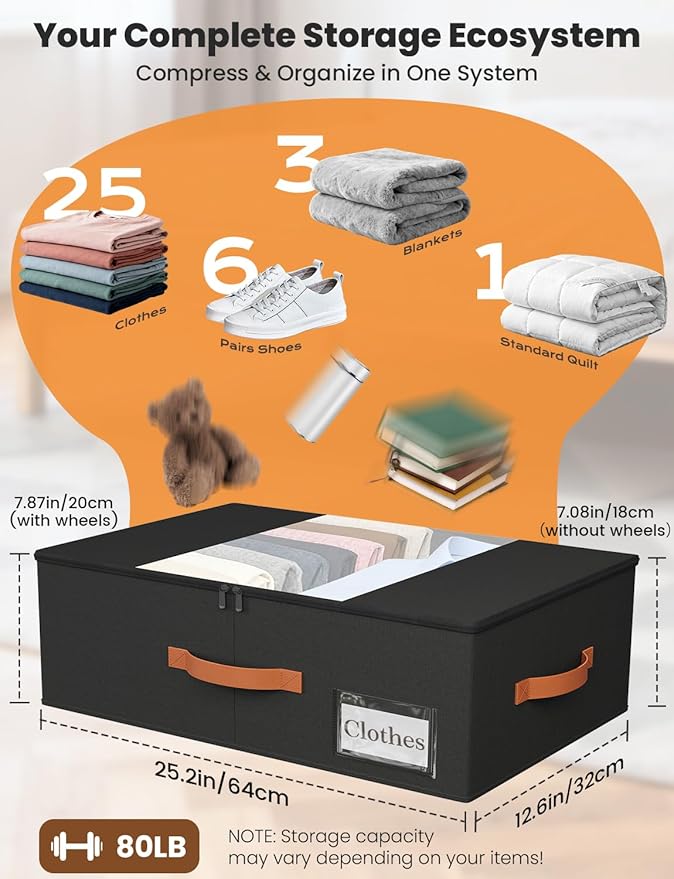 TOSKING 2-Pack Under Bed Storage with Wheels and 4 Vacuum Seal Bags,7.9 Inch 47L Clear Lid Organizer, Space Saving for Bedding Blankets Clothes ShoesToys, Quick Assembly, Black