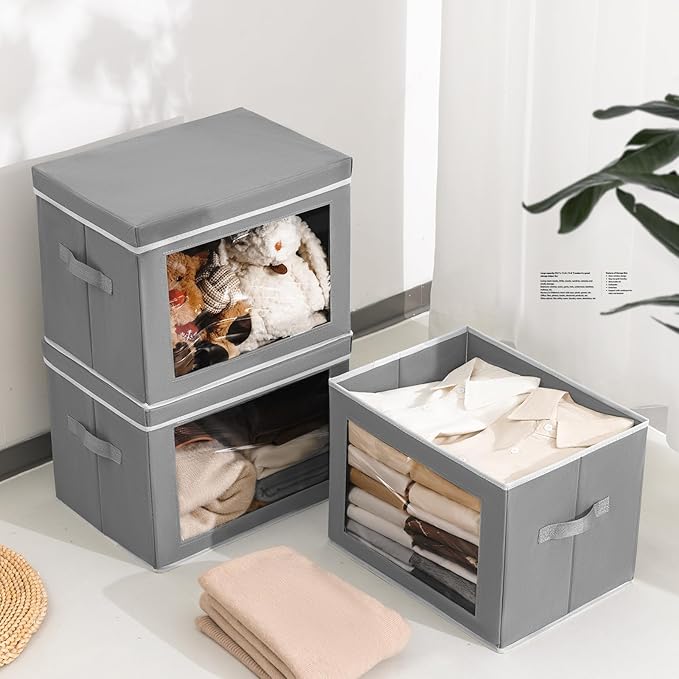 Storage Bins with Lids, 4 Pack Large Storage Cubes with Window, Closet Bins with Lids & Handles, Fabric Box for Organizing Clothes, Towels, Books, Grey