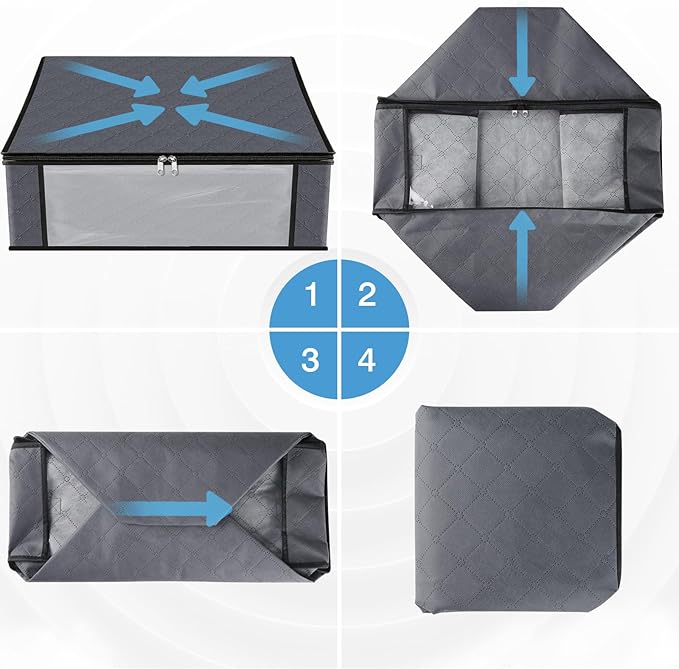 HomeHacks Storage 4-Pack Clothes Organizer Storage Bags Foldable Storage Box with Large Clear Window Sturdy Handles for Closet, Dorm, Pillows, Bedding, Clothes, Stuffed Toys, Blankets, Grey