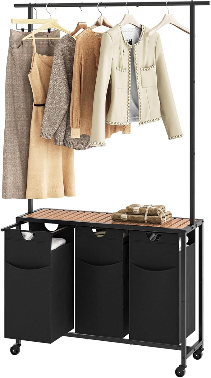 Laundry Sorter 3 Section, Rolling Laundry Hamper with Hanging Rack, Laundry Sorter with Wheels, Hampers for Laundry, Laundry Basket Organizer for Laundry Room, Rustic Brown LS37BR