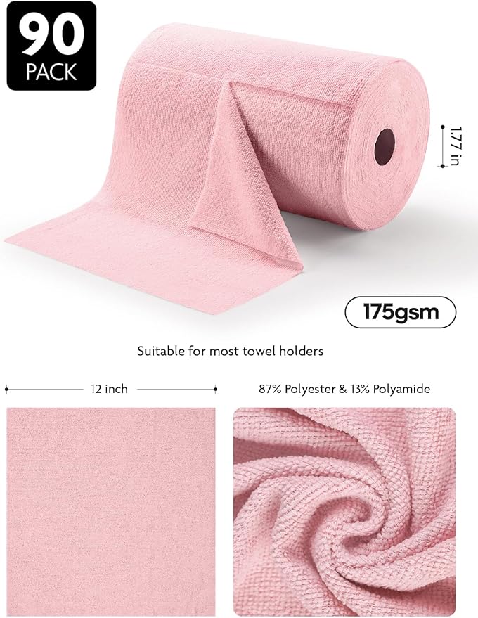Fantasticlean Microfiber Cleaning Cloth Roll -90 Pack, Tear Away Microfiber Towels, 12" x 12", Reusable, Washable, Scratch Free, Ultra Absorbent Dishcloth for All-Around Cleaning Supplies (Pink)