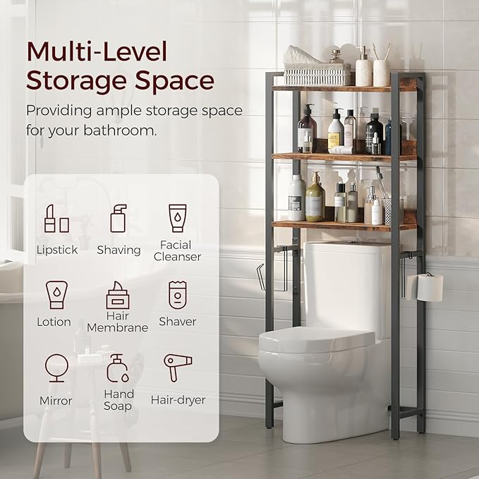 Over The Toilet Storage Rack, 3 Tier Bathroom Organizer Over Toilet, Freestanding Space Saver Toilet Stand with 2 Hooks, Bathroom Storage Shelf, Easy to Assemble, Rustic Brown TSHR6001