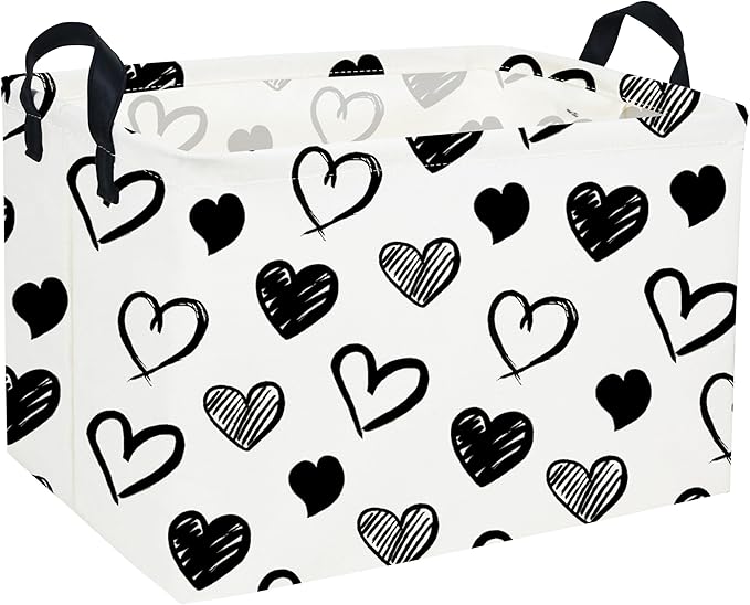 Rectangular Kids Baskets,Heart Storage Bins Organizer.Cute Storage Bin with Handles. Kids Basket,Girls Room Decor,Books Basket, Gifts Bins Empty.(Black Heart)