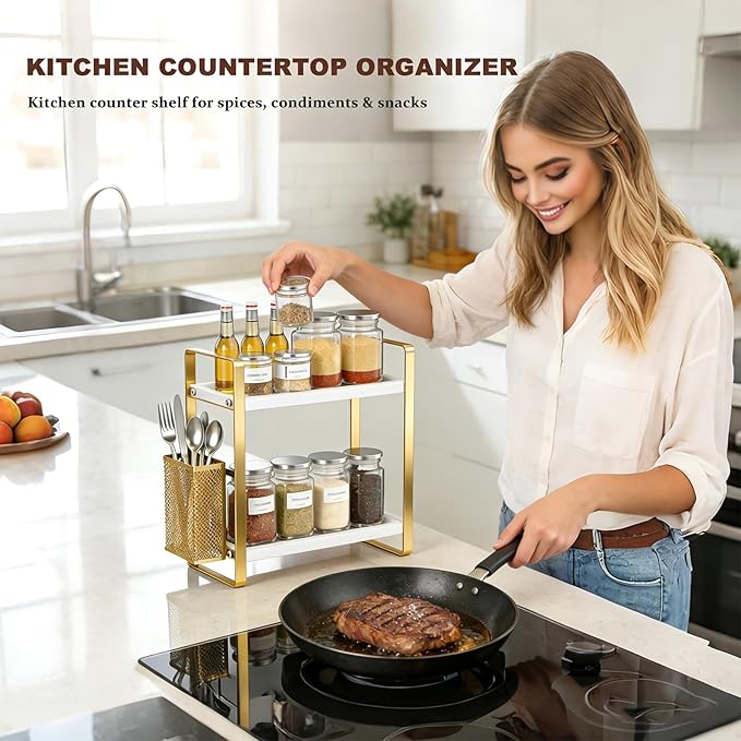 2-Tier Kitchen Storage and Organisation Rack with Side Baskets, Multifunctional Spice Rack Coffee Station Organizer for Kitchen, Coffee Bar, Bathroom, Office