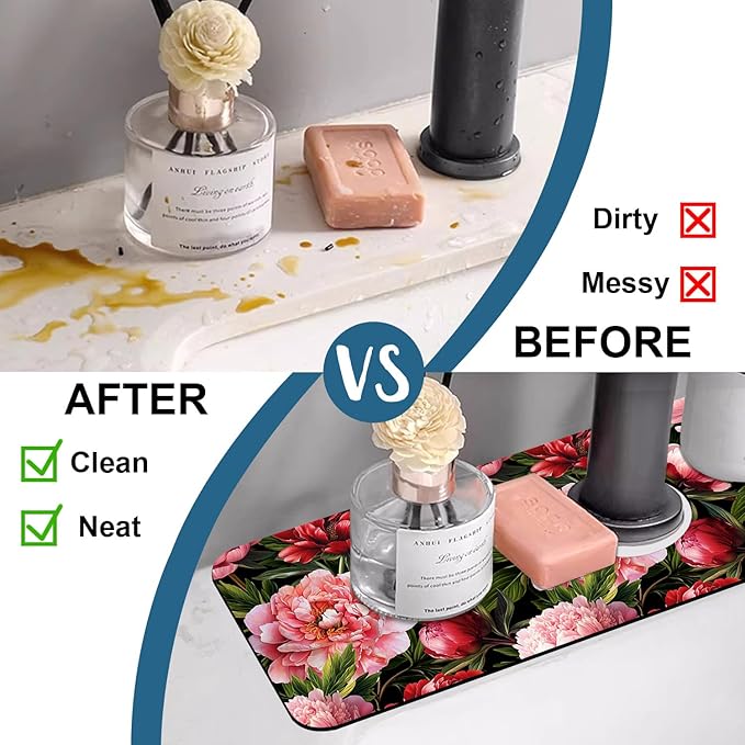 Blooming Peony Kitchen Sink Splash Guard Faucet Mat Pink Peony Flowers Super Absorbent Fast Drying Mat Sink Splash Guard Behind Faucet for Kitchen Bathroom, 15.5"x5.5"