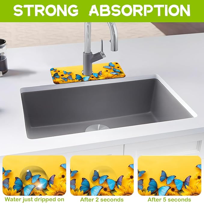 Kitchen Sink Splash Guard Faucet Mat Super Absorbent Fast Drying Mat Guard Behind Faucet Drip Catcher for Kitchen Bathroom (Sunflowers and Blue Butterflies, 23.5"X5.5")
