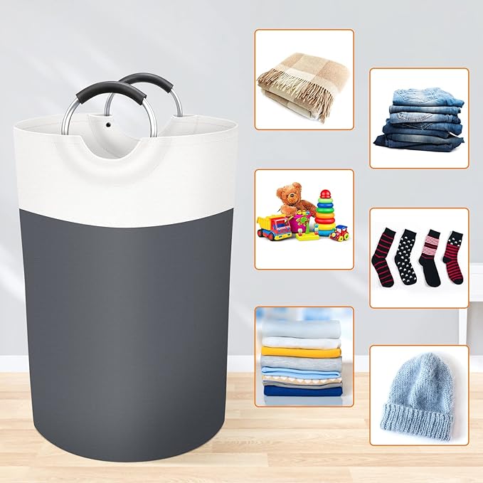 BlissTotes 75L Laundry Basket, Freestanding Laundry Hamper, Collapsible Dirty Clothes Hamper, Waterproof Fabric with Foam Protected Aluminum Handles for College, Dorm, Family (Gray)