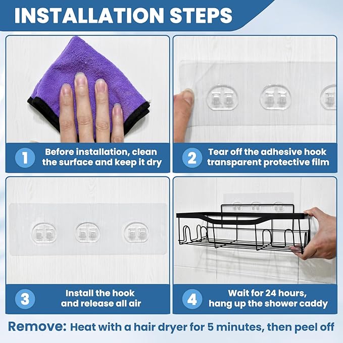 Jxztiecy 18 Pack Shower Caddy Adhesive Replacement, Shower Shelf Strong Adhesive Hooks, No Drilling, Transparent WaterProof Strips for Bathroom Shelves & Kitchen Racks