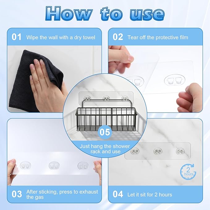 Novabright 40 Pack Shower Caddy Adhesive Replacement Transparent Strong Adhesive Hooks No Drilling Waterproof Strips for Kitchen Racks Soap Holder Bathroom Storage Shelves Corner Shelf Basket, 4 Sizes