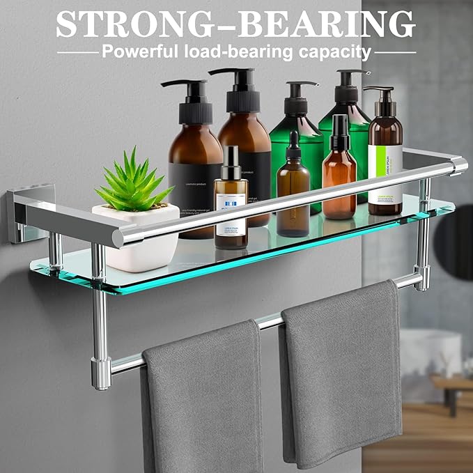 SFGSOWOR Bathroom Glass Shelf with Towel Rack Organizer Wall-Mounted Bathroom Storage SUS304 Stainless Steel Towel Bar/Track Wall-Mounted Tempered Glass Shelves (Chrome Polished, 20-inch)
