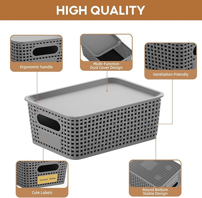 8 PCS Plastic Storage Baskets with Lids, Stackable Storage Bins with Lids & Labels for Organizing, Small Storage Bins for shelves, Office, Drawer, Cabinet & Pantry,Nursery Organization,10.2*7.2*4.1In