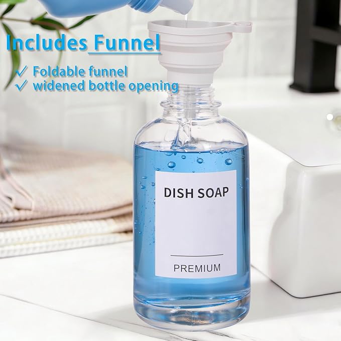Dish Soap Dispenser for Kitchen, Hand Glass Soap Dispenser Set with Pump, Tray, Funnel for Bathroom, Shower, Laundry, Liquid, Lotion (Silver 2 Pack 18 Oz Clear Bottles with 12 Stickers)