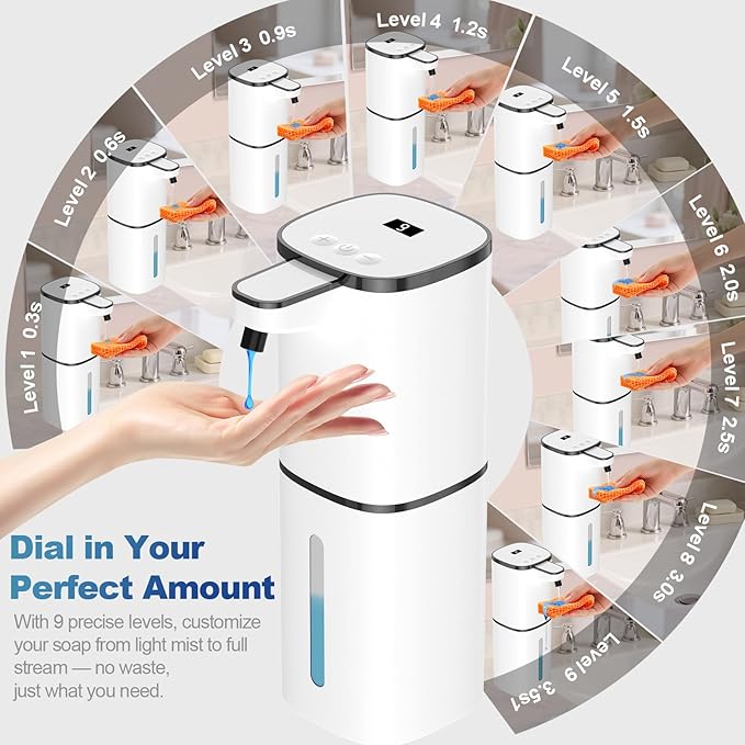 Automatic Liquid Soap Dispenser, 9 Adjustable Levels, 380ml/12.8oz, Auto Touchless Hand Soap or Dish Soap Dispenser,USB Rechargeable Dispenser,Wall Mount or Tabletop Use for Bathroom Kitchen