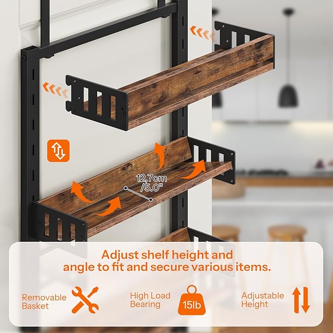 HOOBRO Over the Door Pantry Organizer, 6-Tier Hanging Spice Rack with Adjustable Shelves for Kitchen, Bathroom and Closet Storage, Door/Wall Storage Organizer, Rustic Brown and Black BF60TL01