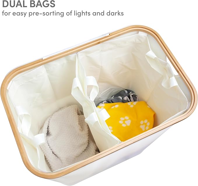 QUALIAZERO 120L Dual Laundry Hamper with Lid – 2-Section Bamboo Frame Hamper with Removable Bags & Easy-Lift Cover, Large Capacity for Families, Bathroom or Bedroom (FEATHER CREAM, DUAL)