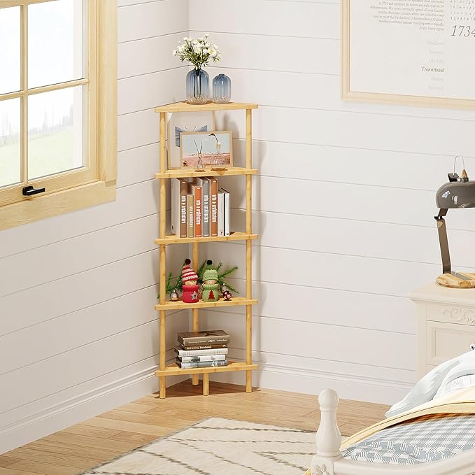 HOOBRO Corner Shelf Stand, 5-Tier Bamboo Corner Bookshelf, Plant Display Shelf, Corner Bookcase, Multipurpose Shelving Unit for Small Space, Living Room, Easy Assembly, Natural YL20CJ01