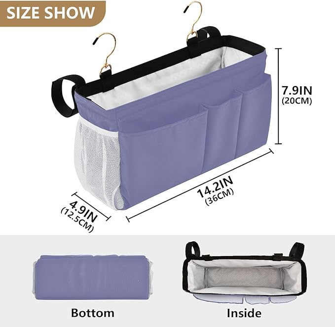KOPIRIT Purple Bedside Caddy Storage Bag Bedside Organizer for College Dorm Top Bunk Bed Hanging Storage Organizer 6 Pockets with Hooks for Book Glasses Phone Holder
