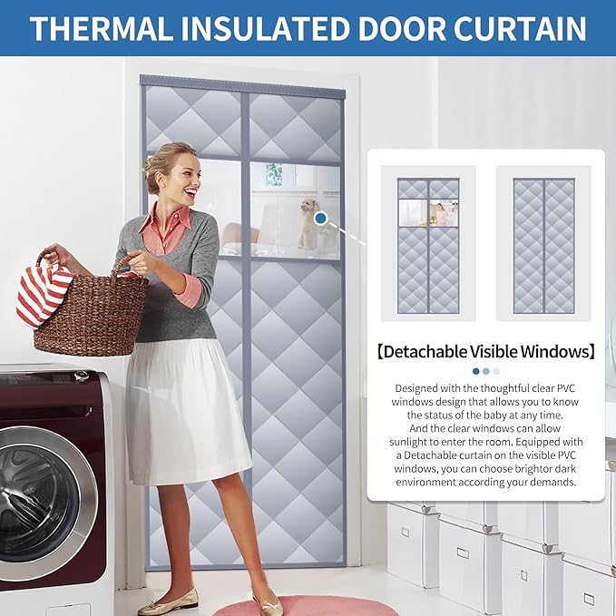 Magnetic Thermal Insulated Door Curtain with Detachable Visible Windows, Thicken Polyester Fiberfill & Durable Oxford Fabric, Hands Free Windproof Door Screen