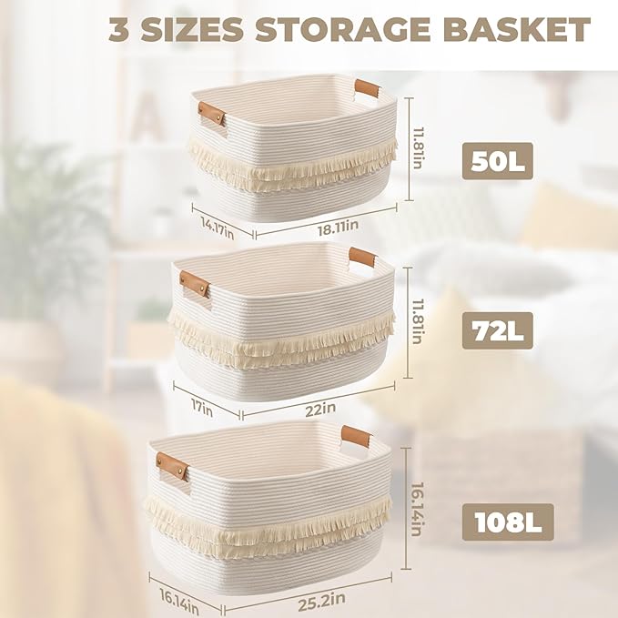 danpinera 108L Large Basket for Living Room, Boho Decorative Basket Organizing with Handles, Cotton Rope Storage for Toys, Pillows, Clothes, 25’’*16’’*16’’ White