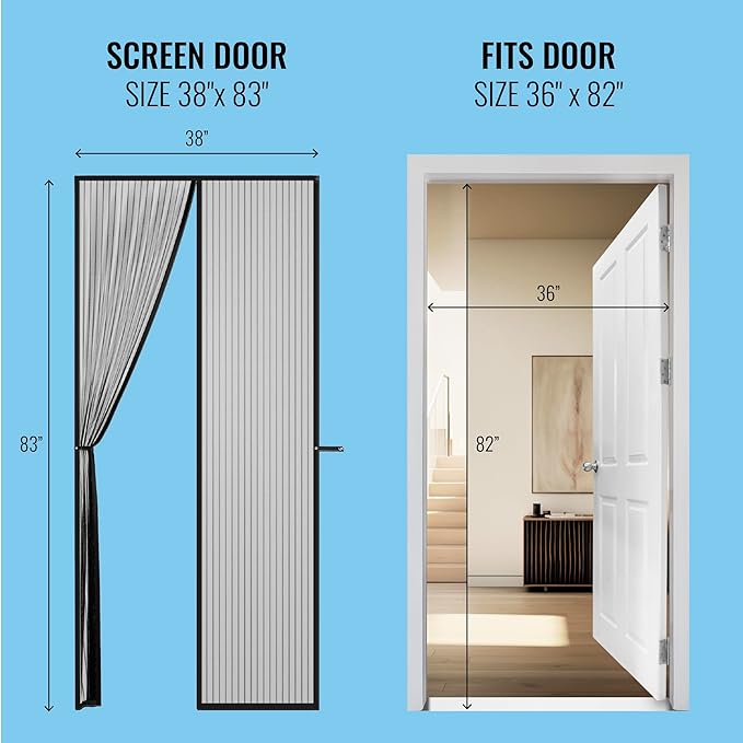 AUGO Magnetic Screen Door - Self Sealing, Heavy Duty, Hands Free Mesh Partition Keeps Bugs Out - Pet and Kid Friendly - Patent Pending Keep Open Feature - 38 Inch x 83 Inch