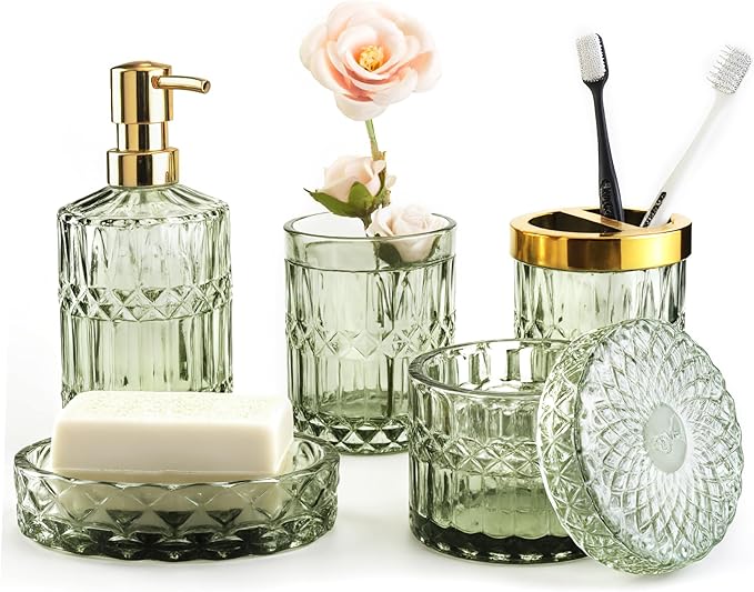 Bathroom Accessory Set 5 Pcs, Glass Bathroom Set Include Soap Dish, Toothbrush Holder, Mousewash Cup, Soap Dispenser, Cotton Swab Jar, Green
