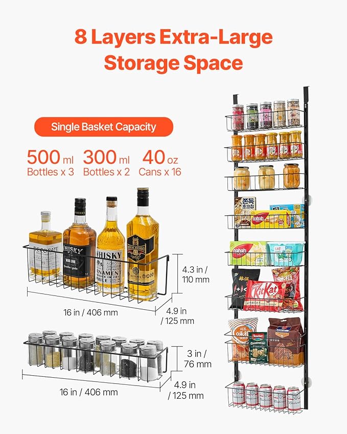 VEVOR Over the Door Pantry Organizer, 8-Tier Pantry Organization and Storage, Heavy-Duty Steel Hanging Spice Rack, Adjustable Wall Seasoning Shelves, for Home Kitchen Laundry Room Bathroom, Black