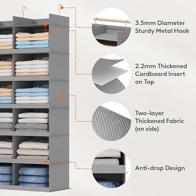 Lifewit Dual-Row Shelf Hanging Closet Organizer and Storage, Clothes Shelves with 3 Sturdy Hooks for Clothing Organization, Foldable Container Hold Up to 36 Sweaters, 6 Tier 12 Sections, Light Gray